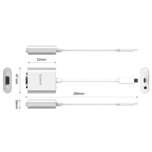 Orico Aluminum Type-C To VGA Adapter With Audio Output - Mac Style - 1920 x 1080P Full HD - Silver 02