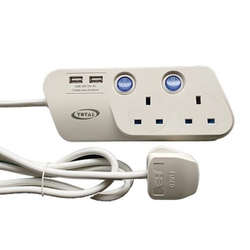 Total AC Power Extension 2 Sockets 2 USB 2m Cord