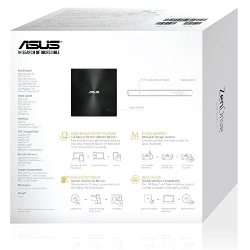 Asus ZenDrive External 8X DVD Burner Drive +/-RW with M-Disc Support