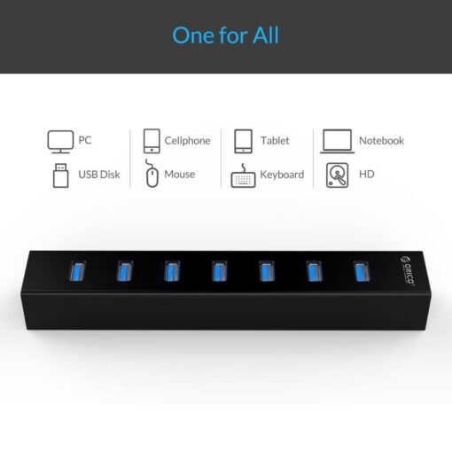 Orico 7 Port USB Hub, SuperSpeed USB 3.0 With 3.3 Ft Power Cord and Data Cable For Windows - Mac - Linux - PC - Laptop - Image 2