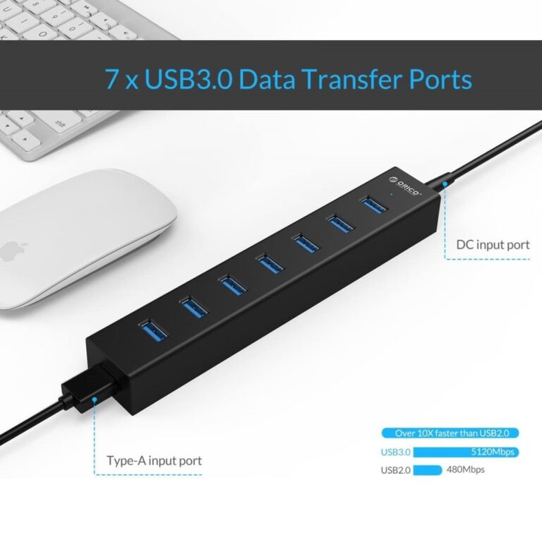 Orico 7 Port USB Hub, SuperSpeed USB 3.0 With 3.3 Ft Power Cord
