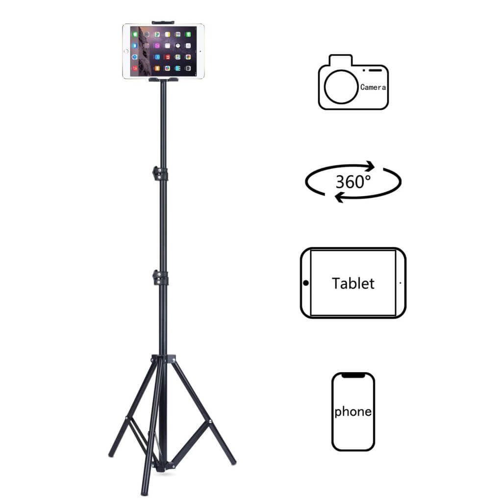 Tablet Tripod Stand for Phone and iPad Tablet Floor Mount Portable Height Adjustable 20 to 50 Inch 360 Degree Rotating for All 4-12 inch Phone and Tablets Suit for Indoor & Outdoor 