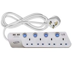 Total AC Power Extension 4 Sockets 2 USB 2m Cord