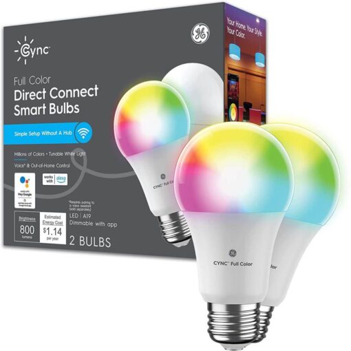 GE CYNC 2 Pack Smart Light Bulbs With Bluetooth And Wifi, Alexa And Google Home Compatible, Full Color Changing, Dimmable, A19 Bulb Shape