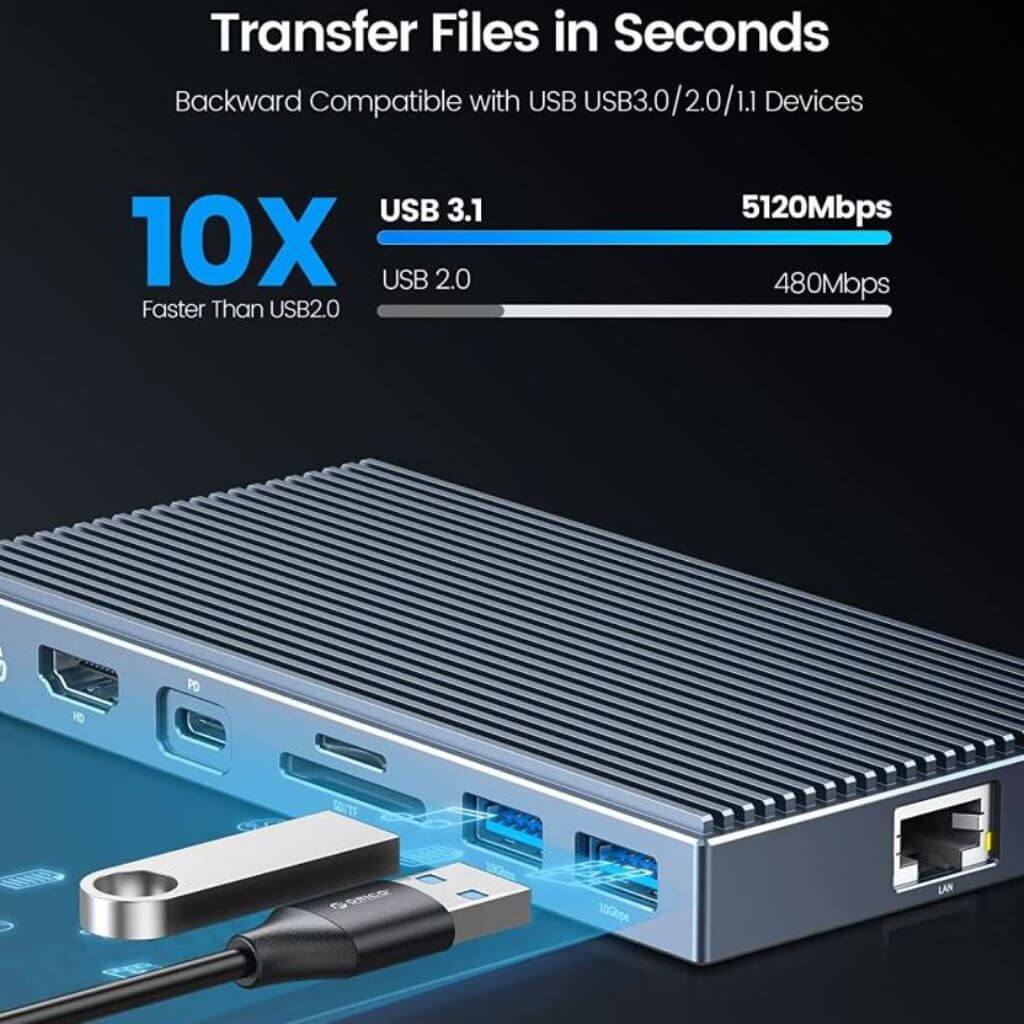 ORICO M.2 NVMe SSD Enclosure with 9-in-1 USB C Docking Station USB-C Hub  Adapter with NVMe Slot(Up to 4TB), PD 100W, 3 x 10Gbps USB3.1 USB-A,  Type-C