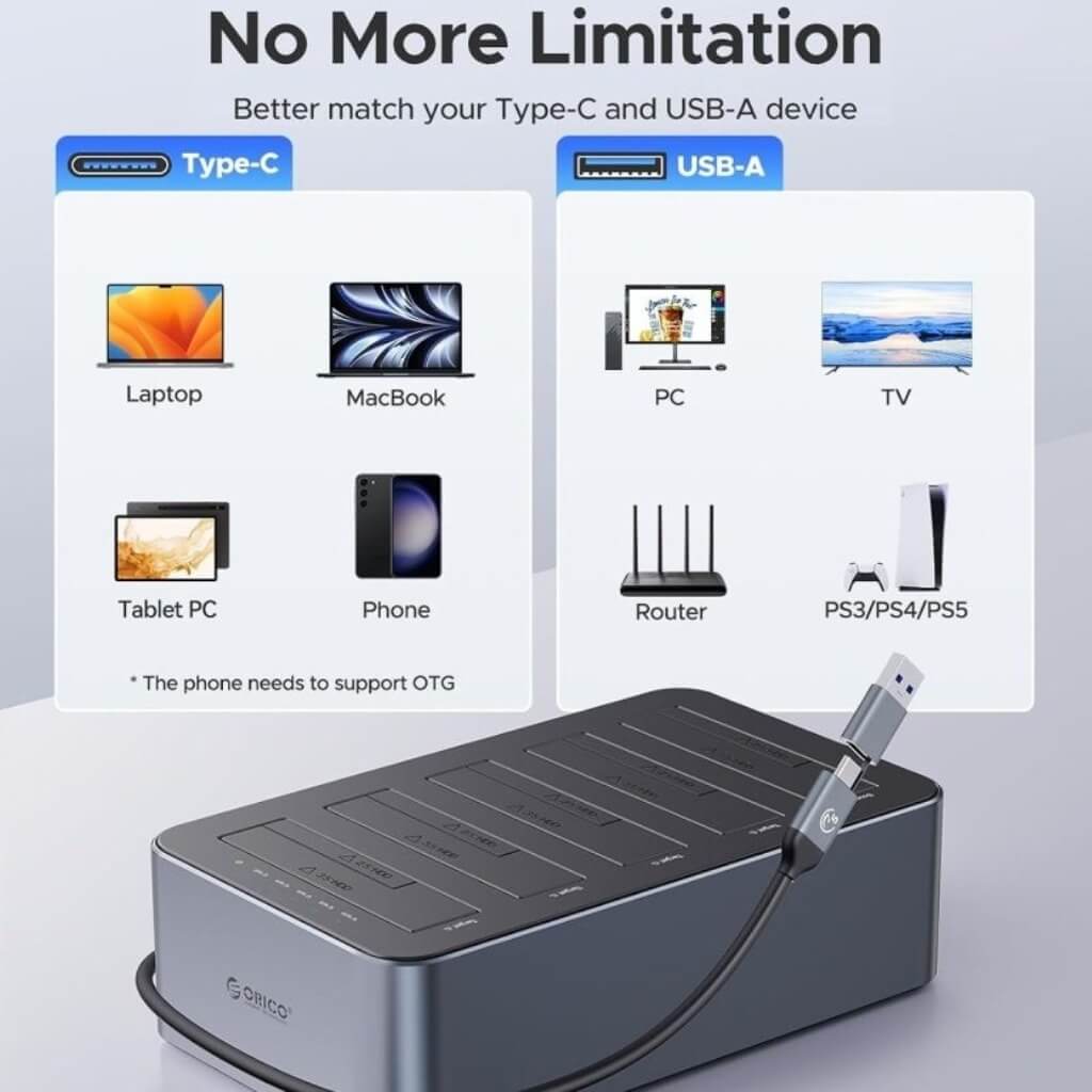 Orico 5 Bay Type-C Hard Drive Docking Station With Offline Clone Function - Image 4